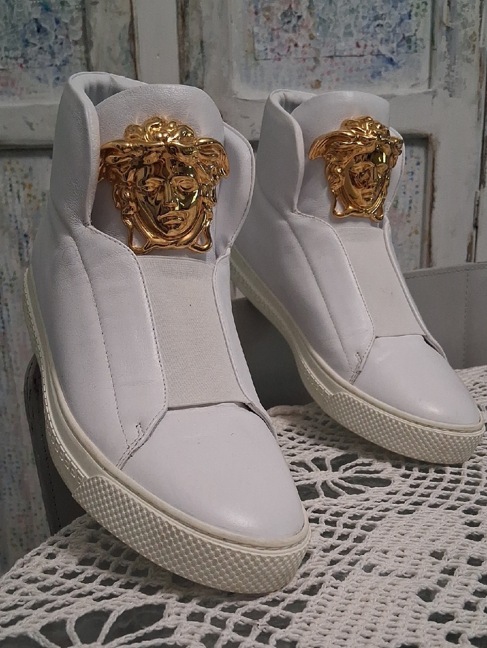 VERSACE White Slip-On Sneakers with Gold Medusa Emblem